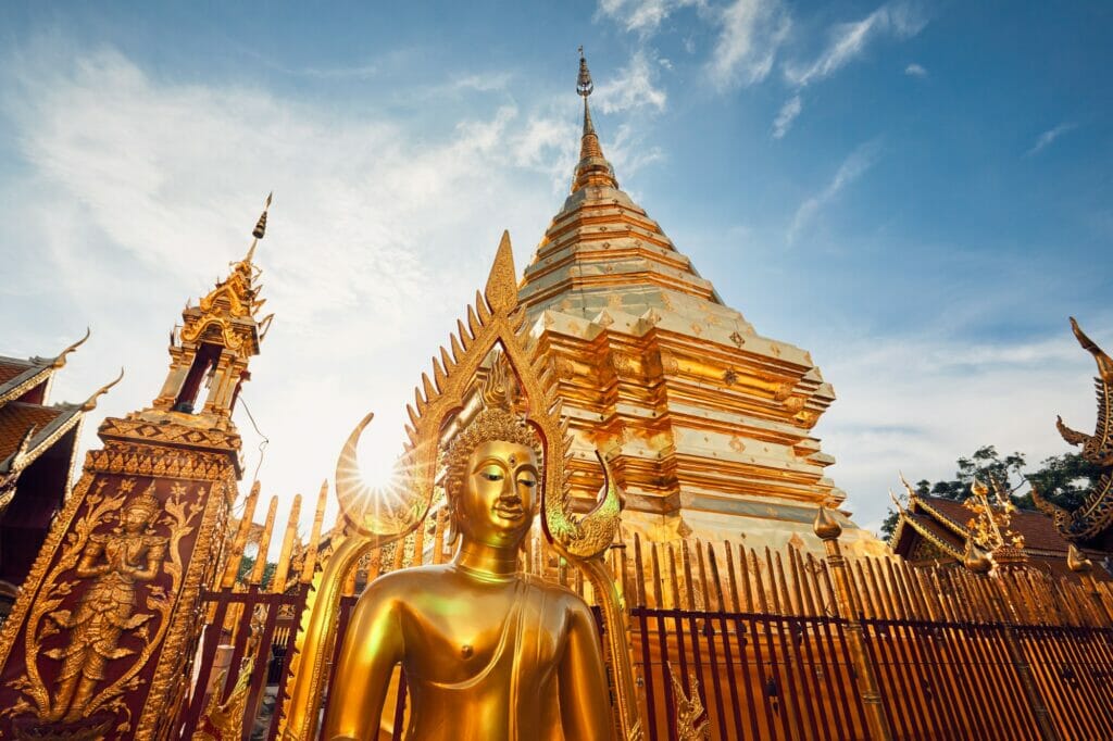 Buddhist Wat Phra That Doi Suthep Temple at the sunset