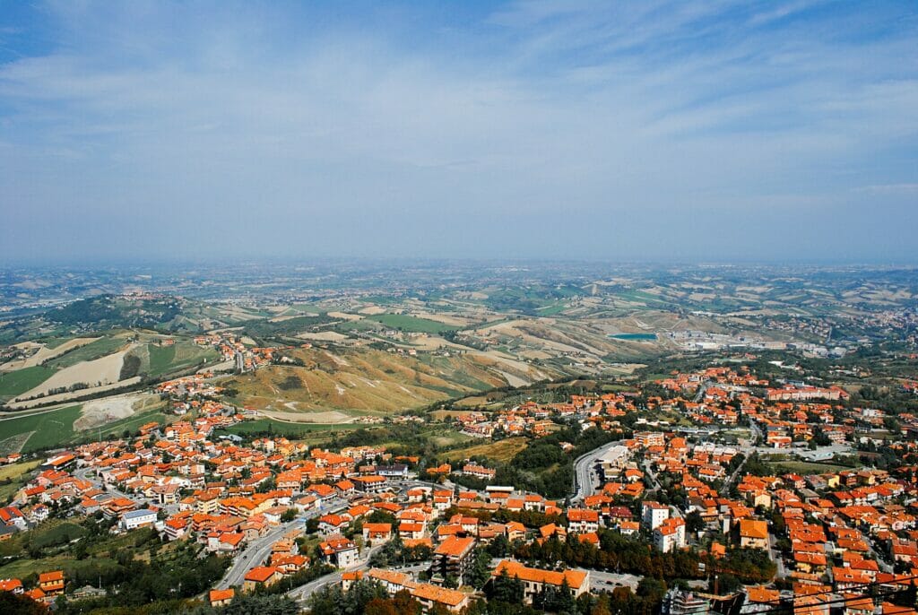 Panorama of Republic of San Marino and Italy from Monte Titano, City of San Marino