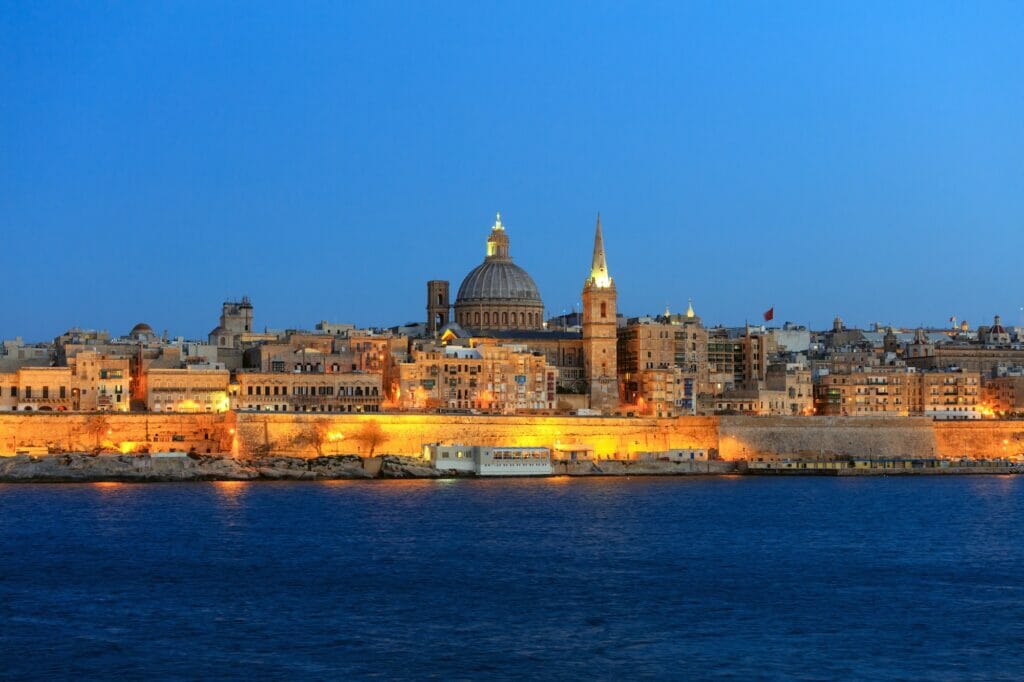 Valletta, Malta, Skyline in the evening with the dome of the Carmelite Church